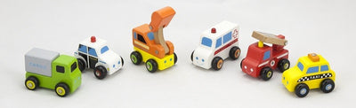 Kuva VIGA 59621 Mini-ajoneuvot 6 kpl -setistä. Tuotesetissä on kuusi erilaista minikoossa olevaa ajoneuvoa, kuten autoja ja kuorma-autoja.