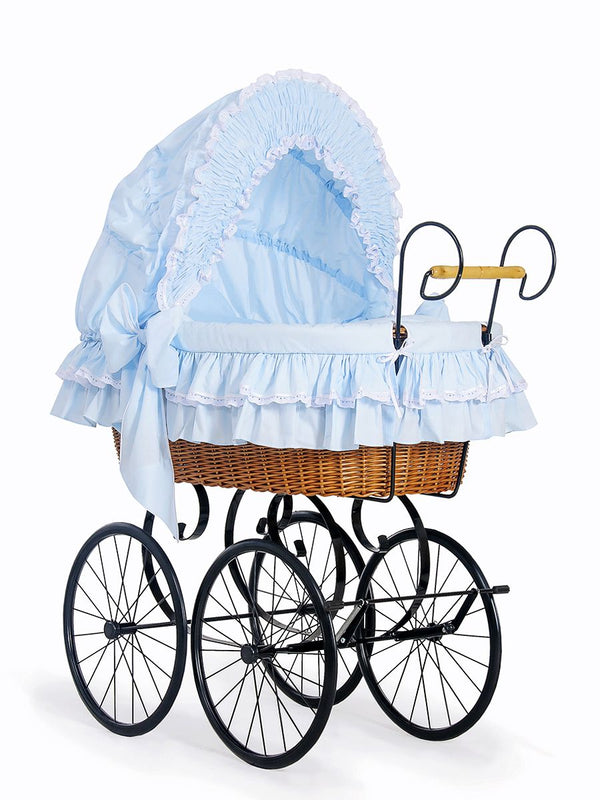 My Sweet Baby Luxury - Retro Victoria -rottinkinen vauvankori kuomulla, luonnollinen + sininen vuodevaatesetti