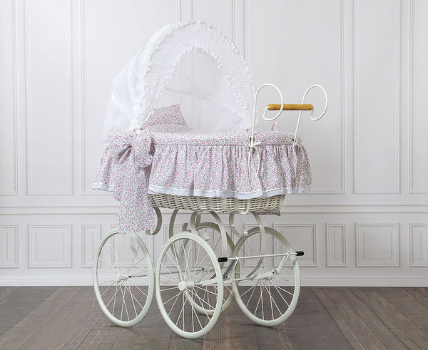 My Sweet Baby Luxury - Moses Basket Retro punottu vauvankori Jasmine valkoinen + vaaleanpunaiset vuodevaatteet