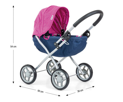 Sininen Dori Prestige -nukkewagen, jossa on vaaleanharmaa kuomu ja vaaleanpunainen pehmolelu.