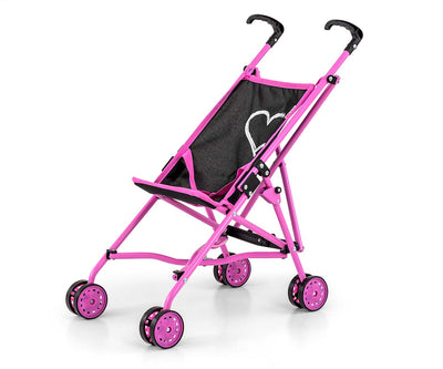 Musta lastenvaunutyylinen nukkewagen, jossa on kromiset yksityiskohdat ja kantokahva.
