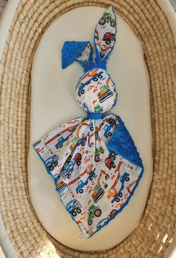 Bobono - Doudou pehmopupu kaksipuolinen puuvilla ja minky - Rakennustyömaa - sininen