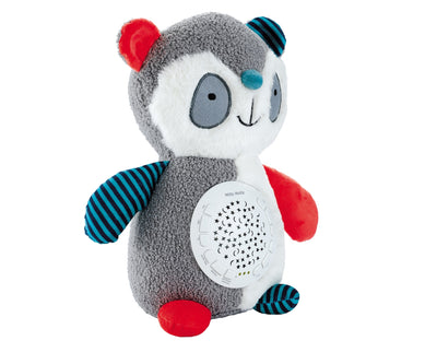 Musta ja valkoinen pehmolelu, jossa on projektori. Pehmolelun muotoinen pandakarhu, jolla on suuret silmät ja söpö ilme.
