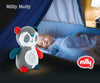 Mustavalkoinen pehmolelu panda, jossa on projektori.