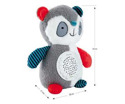 Mustavalkoinen panda pehmolelu, jossa on projektori.