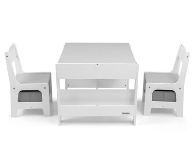 Valkoinen ruokapöytä ja kaksi tuolia, moderni ja tyylikäs design.